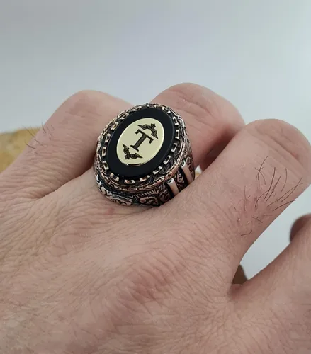 Miniatura 7 de Custom Personalized Letter Ring, Beautiful Handcrafted Personalized 925K Solid Sterling Silver Onyx Stone Men's Ring RP77