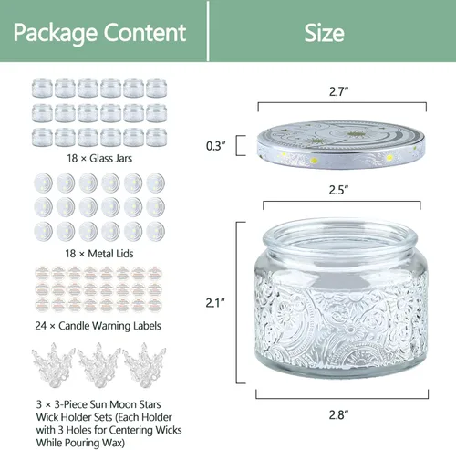 Miniatura 2 de Paquete de 18 unidades de recipientes de vela de vidrio en relieve de 4 onzas con tapas y etiquetas, tarros de vela transparentes para hacer velas