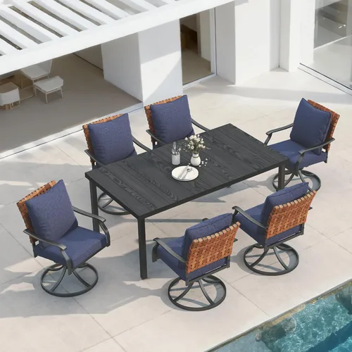 Miniatura 13 de Grand patio Juego de comedor de exterior de 5 piezas, 4 sillas de patio giratorias de mimbre con aspecto de cuero y 1 mesa de comedor cuadrada
