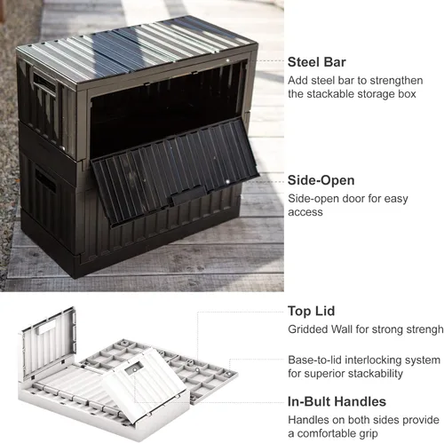 Miniatura 5 de livinbox Contenedores plegables apilables de 45 L para almacenamiento, contenedores de almacenamiento plegables con tapas y puertas laterales