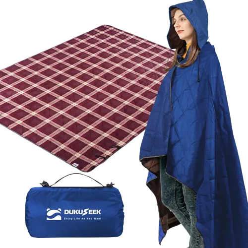 Miniatura 19 de DUKUSEEK - Manta de camping portátil para exteriores con capucha, manta grande plegable para mochileros con capucha para estadios, edredón ligero