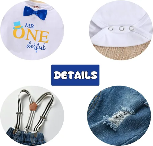 Miniatura 22 de Conjunto de ropa de cumpleaños para bebé niño pequeño, con tirantes, pantalones de mezclilla rasgados
