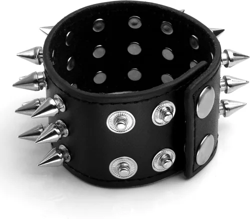 Miniatura 7 de MILAKOO 2 pulseras negras con correa de cuero pulsera punk rock negra de 6 a 8 pulgadas, Metal