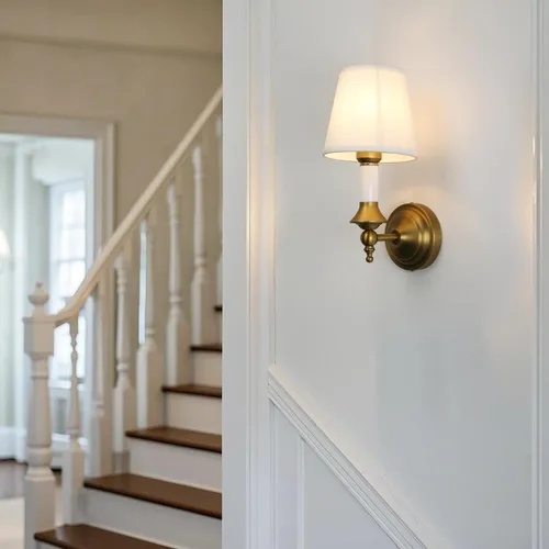 Miniatura 8 de PERMO Juego de 2 apliques de pared clásicos antiguos con forma de embudo con pantalla textil blanca, lámpara de pared montada en la pared