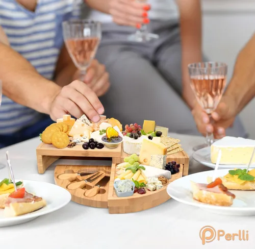 Miniatura 7 de Perlli Juego de tabla y cuchillos de bambú para queso, grande, plegable, de 18 pulgadas, redondo, de madera, giratoria, charcutería, plato