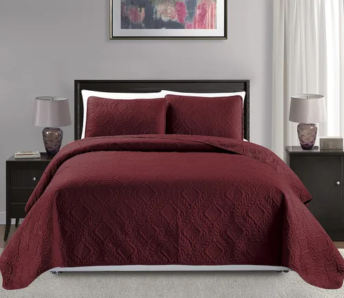 Miniatura 14 de Colección Mk King/California King Tamaño Extra Grande 118"x106" Colcha Cobertor de Cama de 3 Piezas con Diseño de Diamantes Realzado Sólido Borgoña