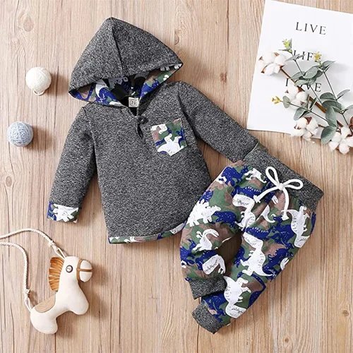 Miniatura 2 de FOCICI Ropa de bebé para niños pequeños trajes de primavera e invierno sudadera con capucha con bolsillo pantalones de dinosaurio
