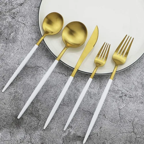 Miniatura 2 de Juego de cubiertos color dorado mate con mango blanco, Gugrida 5 piezas de acero inoxidable 18/10 acabado satinado, juego de utensilios de cocina
