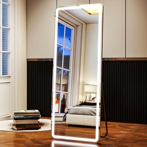 Miniatura 11 de XRAMFY Espejo LED Blanco Arqueado de Cuerpo Entero - 24" x 65" Brillo Ajustable, Controles de Pantalla Táctil, Montaje en Pared o Independiente