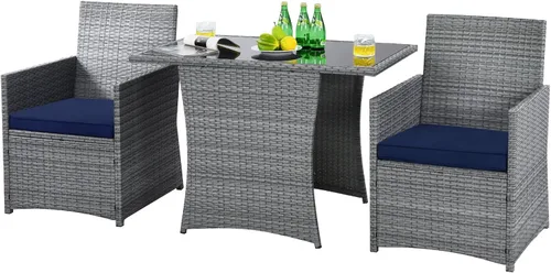Miniatura 9 de HAPPYGRILL Juego de muebles de patio de 3 piezas, juego de mimbre de ratán PE para exteriores, con cojines lavables y mesa de vidrio templado