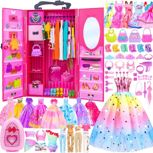 ZITA ELEMENT Armario de muñecas de 11.5 pulgadas con ropa y accesorios, juego de 101 piezas, incluye armario, maleta, vestidos, trajes de baño,
