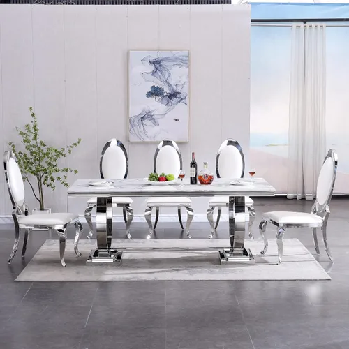 Miniatura 5 de Juego de 6 sillas de comedor modernas tapizadas de cuero con patas de acero inoxidable plateadas, sillas de cocina contemporáneas sin brazos