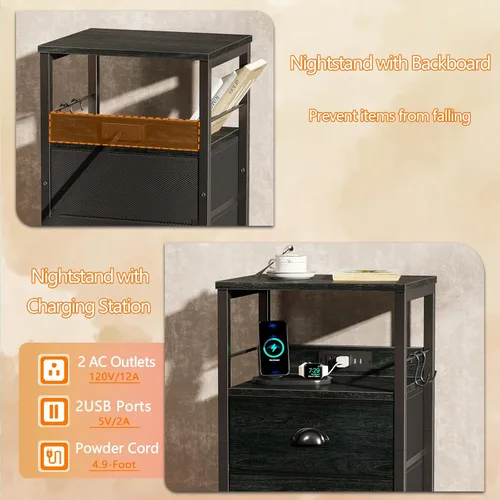 Miniatura 6 de Furologee - Juego de 2 mesitas de noche, roble negro, con estación de carga y puertos USB, mesas auxiliares con 2 cajones de tela, mesas de cabecera