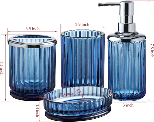 Miniatura 2 de Juego de 4 accesorios de baño de vidrio azul pesado con patrón decorativo prensado, incluye dispensador de jabón de mano, vaso, jabonera y soporte