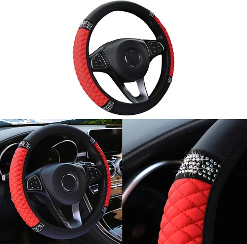 Miniatura 26 de Funda brillante para volante de automóvil, protector de cuero con diamantes de imitación de cristal para automóvil, accesorios de decoración