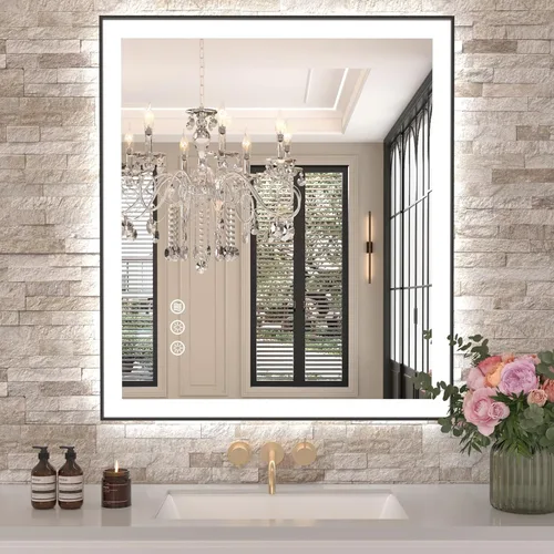 Miniatura 50 de Amorho Espejo de baño LED de 24 x 32 pulgadas con luces, iluminación frontal y retroiluminación, regulable continuamente, antiniebla, vidrio Frente