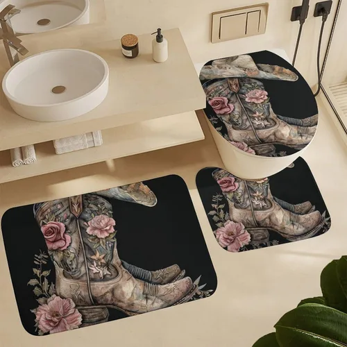 Miniatura 6 de Juego de 4 cortinas de ducha con gorro de bota con alfombras, cubierta para tapa de inodoro y tapete de baño, diseño de vaquero occidental