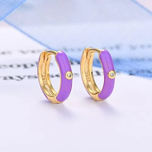 Miniatura 2 de ColorFULBLING - Aretes de aro para mujer, chapados en oro de 14 quilates, aretes de circonita cúbica de 0.354in, coloridos pequeños y bonitos aros