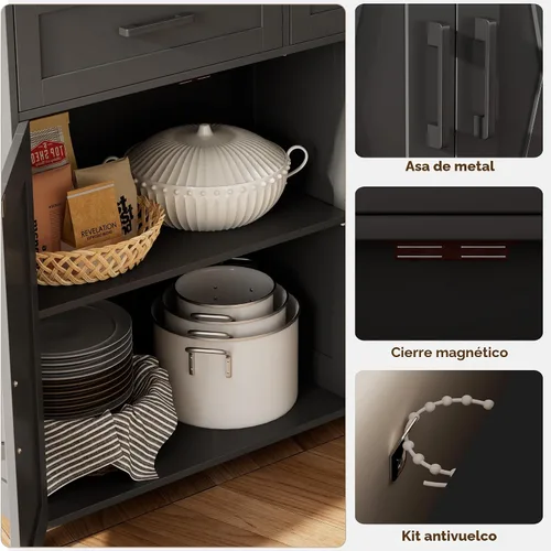 Miniatura 6 de Homhedy Aparador de buffet, gabinete de almacenamiento de barra de café con cajones y puertas, armario de cocina de granja con estantes ajustables