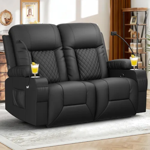 Miniatura 18 de FURNIMAT Sofá reclinable biplaza, sofá reclinable doble de 3 plazas con consola abatible, moderno sofá biplaza de cuero PU para sala de estar/casa