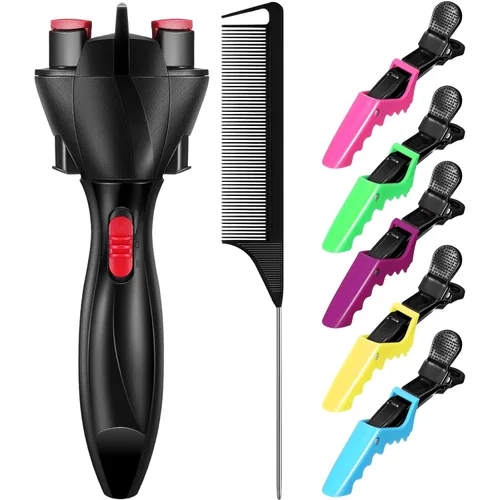 Miniatura 3 de 7 piezas de juego de trenzador automático - Fabricante de trenzas electrónico, rizador de pelo con peine y clips para peinar (negro)