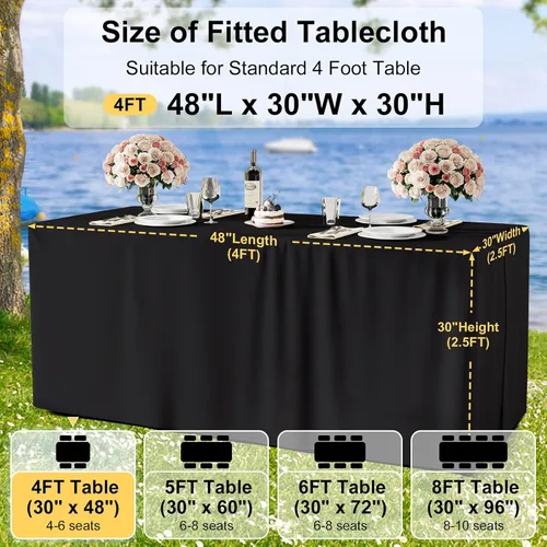 Miniatura 6 de Smiry Paquete de 2 manteles ajustables color negro, manteles rectangulares de tela de poliéster de 4 pies, mantel lavable para ferias, ferias