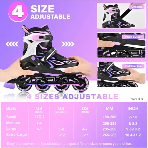Miniatura 2 de 2PM SPORTS Vinal - Patines en línea ajustables intermitentes para niñas, todas las ruedas se iluminan, divertidos patines iluminadores para niños