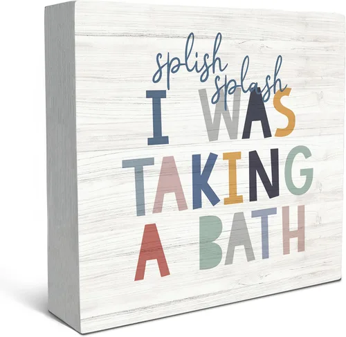 Miniatura 7 de SRADMO Caja de madera con texto en inglés "Splish Splash I Was Taking a Bath" para decoración de escritorio, divertida caja de bloques de madera