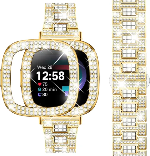 Miniatura 16 de Dsytom Bling Banda de Reloj Elegante Compatible con Fitbit Versa 4, Sense 2, Versa 3, Sense - Correa Linda con Funda Protectora de Rinstone