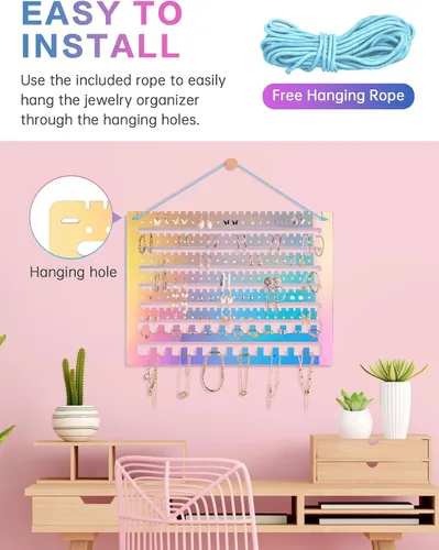 Miniatura 2 de NiHome Organizador de aretes colgantes de acrílico iridiscente, estante organizador de joyas de montaje en pared, soporte para aretes de pared