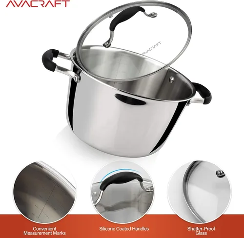 Miniatura 5 de AVACRAFT Horno Holandés de Acero Inoxidable Tri-Ply 18/10, Sartén de Chef con Tapa de Vidrio, Compatible con Inducción, Olla Multiusos para Caldo, 5