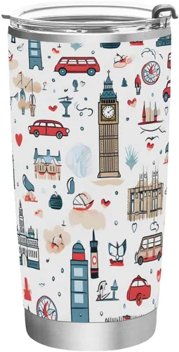 Miniatura 39 de ALAZA Taza aislada de viaje con tapa y pajilla, con diseño de bandera británica de Inglaterra, con tapa y pajilla, botella de agua al vacío de doble