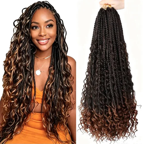Miniatura 26 de LMZIM 18 Pulgadas Trenzas de Caja Bohemias 8 Paquetes Trenzas de Caja de Diosa Bohemia Cabello de Ganchillo con Puntas Rizadas Cabello de Ganchillo
