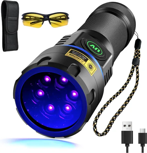 DARKBEAM Linterna UV 365nm Luz Negra, 6xLED Recargable Potente Luz Negra 60W Lámpara Woods, Luces Ultravioleta para Roca, Rastreo de Sangre, Orina