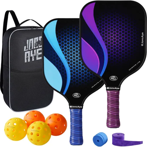 Miniatura 14 de JoncAye Pickleball Paddles Set of 4 or 2, USAPA Approved Fiberglass Rackets with Outdoor Indoor Balls, Bag, Overgrip, Lightweight for Family, Azul