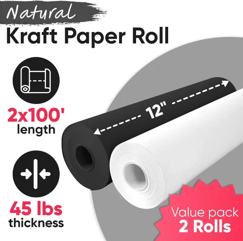 Miniatura 2 de Juego de rollos de papel kraft blanco y negro de 12 x 1200 pulgadas (100 pies), grosor de 45 libras, fabricado en los Estados Unidos, ideal