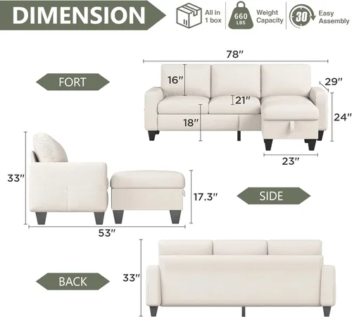 Miniatura 2 de Sofá modular convertible en forma de L, sofás beige para sala de estar con diván reversible, sofás modulares de lino moderno de 3 asientos para sala
