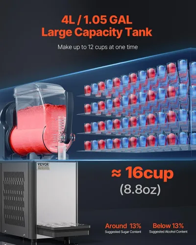 Miniatura 2 de VEVOR Máquina comercial para granizados, máquina de bebidas congeladas de un solo tanque de 4L, 16 tazas de acero inoxidable para batido
