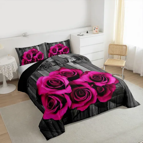 Miniatura 6 de Juego de edredón de flores de rosas rosa intenso, juego de ropa de cama retro rústico floral con rosas para el día de San Valentín, boda, pareja