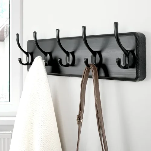 Miniatura 4 de Dseap Perchero de Pared: Moderno, Patentado, Resistente, 17.4" de Largo, Riel Colgador de Madera con 5 Ganchos Dobles para Abrigos de Invierno, Negro