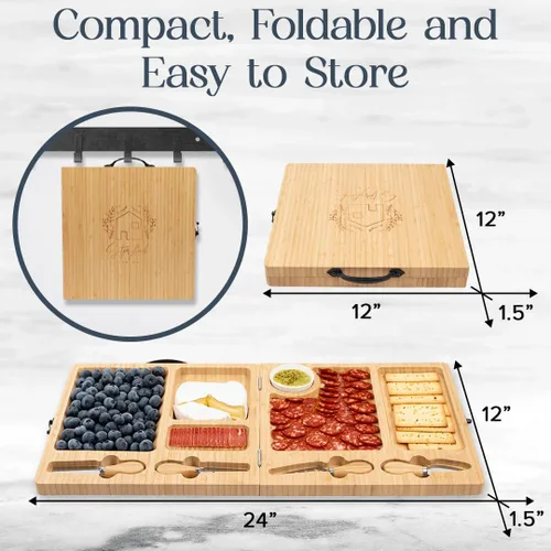 Miniatura 2 de Tabla de charcutería – Tabla grande de queso de bambú con juego de cuchillos magnéticos – Plato de queso de madera – Tabla de charcutería plegable