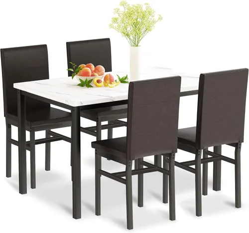 Juego de mesa de comedor de 5 piezas Hooseng para 4 con tapa de mármol sintético y sillas de terciopelo, juego de mesa de cocina moderna que ahorra