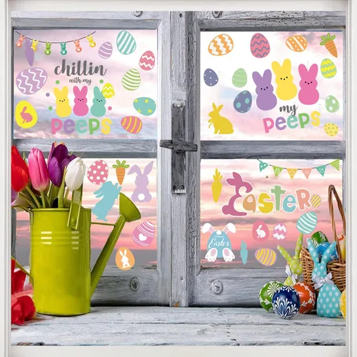 Miniatura 2 de Decoraciones de conejito para ventana, 9 hojas reutilizables estáticas para ventana, huevos de conejo de Pascua, calcomanías de doble cara