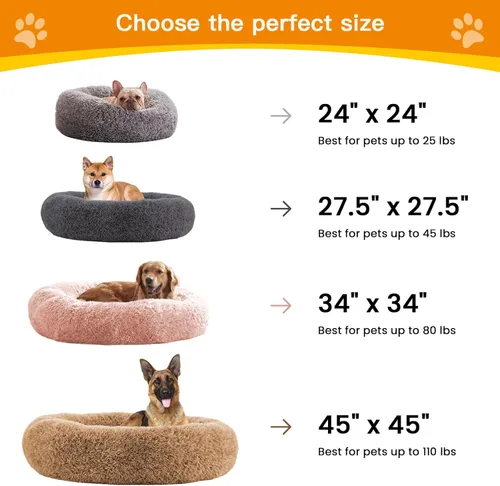 Miniatura 5 de Camas calmantes para perros grandes, cama para perros acolchonada de dona de piel sintética, almohada redonda y esponjosa, cama lavable para Marrón
