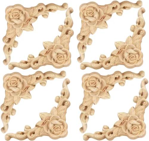 Miniatura 2 de Apliques tallados en madera, 8 piezas de calcomanías de esquina de rosa, tallados de roseta de madera sin pintar para puerta, gabinete, repisas