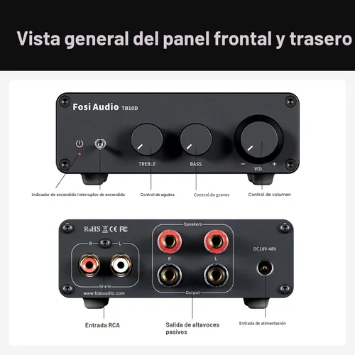 Miniatura 4 de Fosi Audio TB10D Amplificador Estéreo de 2 Canales, Clase D Mini Amplificadores de Potencia Integrados 600W para Altavoces Pasivos/Bass Shaker