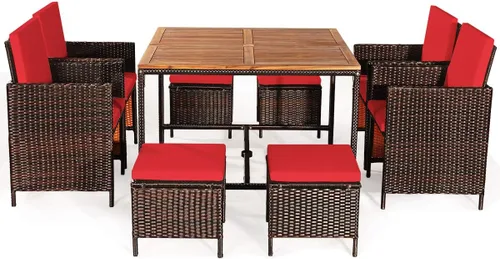 Miniatura 10 de HAPPYGRILL Juego de 9 piezas de comedor para patio al aire libre con asientos acolchados, mesa de comedor que ahorra espacio con mesa de madera