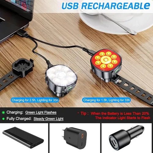 Miniatura 3 de Bike Lights Front and Back for Night Riding Safety,Super Bright Headlight and Red Rear Tail,IP65 Waterproof USB Charging,with 8 Ultra-Bright LED