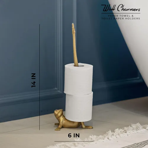Miniatura 6 de WallCharmers Soporte para toallas de papel dorado, soporte de papel higiénico o de cocina de metal para piso o encimera, rana dorada