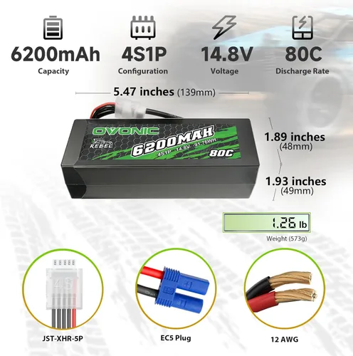 Miniatura 2 de OVONIC Batería Lipo 80C 4S 6200mAh 14.8V con conector EC5 para arrma 1/5, escala 1/8 RC coches y camiones Buggy Truggy 2pcs